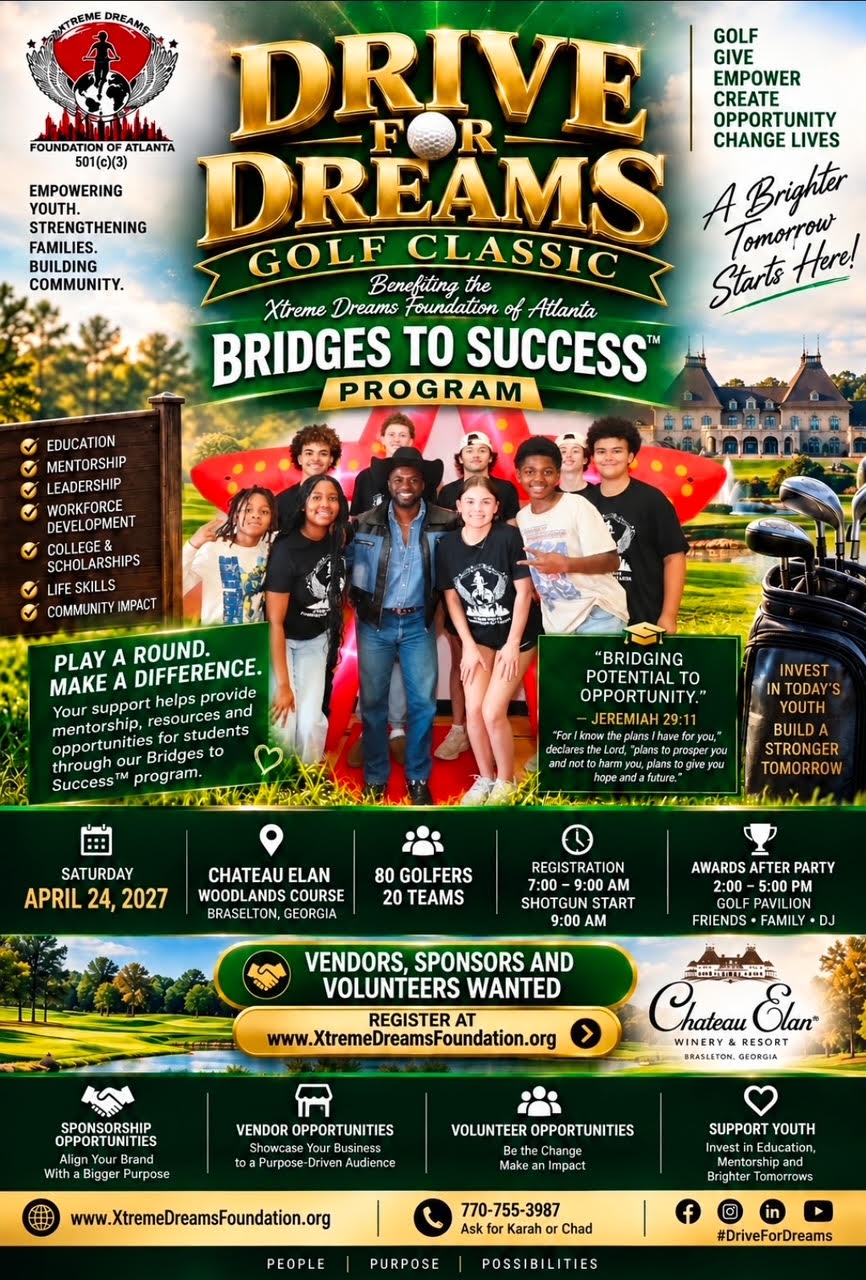 Drive for Dreams Golf Classic flyer — Bridges to Success Program, Saturday, April 24, 2027, Chateau Elan Woodlands Course, Braselton, Georgia