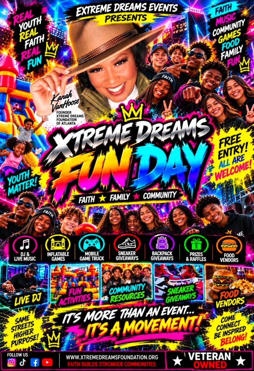 Xtreme Dreams Fun Day flyer — Faith, Family, Community. Free entry, all are welcome
